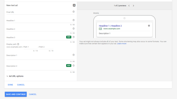 Google Ads - ad panel
