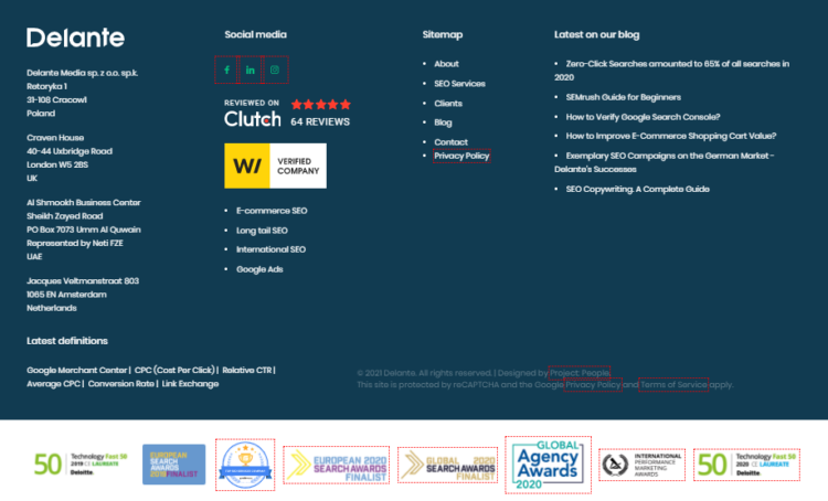 website footer with awards and certificates
