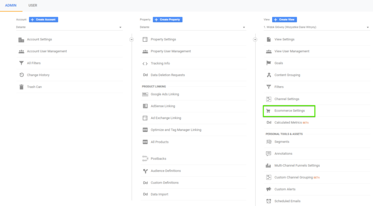 Ecommerce settings in google analytics