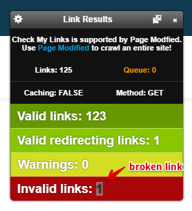 Google penalty for broken links - screenshot from CheckMyLinks tool 