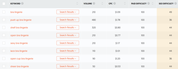 seo for lingerie industry keywords choice