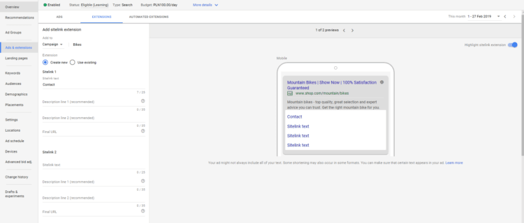 Page extensions in Google Ads