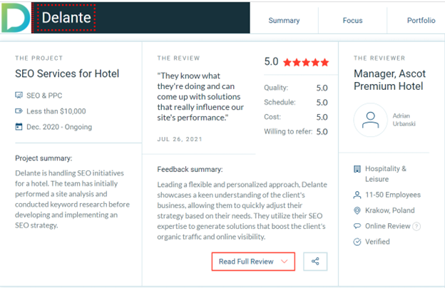 delante travel seo service review example