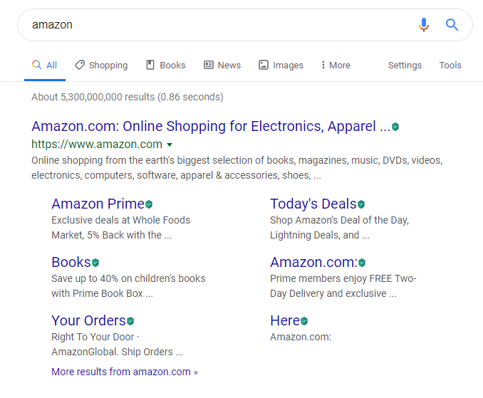 well-structured website architecture of Amazon with sitelinks
