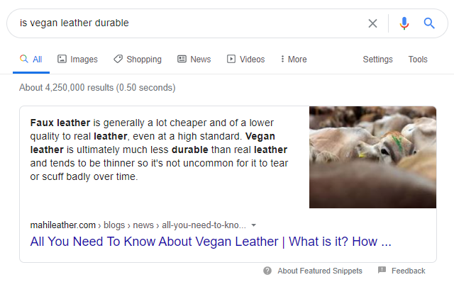 a screenshot of a search result about vegan leather on position 0