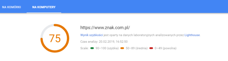 Case study SEO - Znak - prędkość strony na starcie